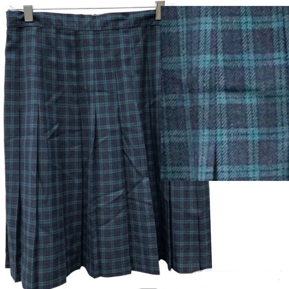 Vintage 90s REQUIREMENTS Tartan Skirt M Navy Blue Green Plaid High Waist Pleated - Picture 1 of 5